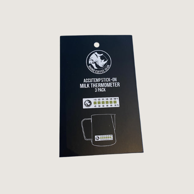 Rhino Coffee Gear Accutemp Stick-On Milk Thermometer 3 Pack packaging with temperature range and application guide