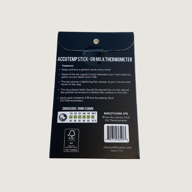 Rhino Coffee Gear Accutemp Stick-On Milk Thermometer 3 Pack packaging with temperature range and application guide